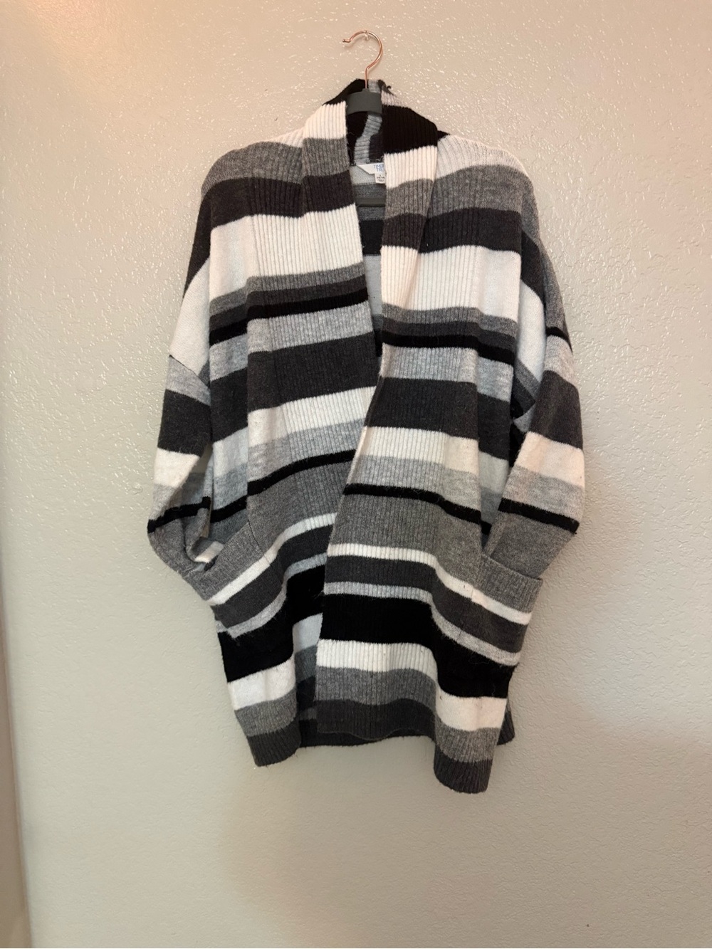 Time and Tru Black, Gray & White Striped Open Cardigan